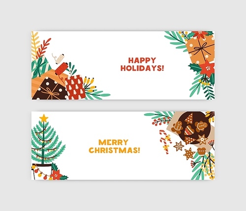 Merry christmas and happy holidays vector banner template. Greeting card with new year tree, gift boxes, gingerbread cookies and garland. Xmas celebration, winter postcard with holly berries
