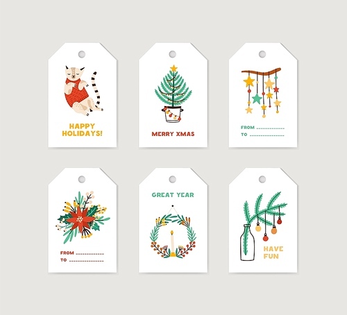 Winter holiday tags set. Christmas labels decorated with pine tree, xmas wreath, seasonal flowers and cute cat on white background. New year congratulation, merry xmas greeting cards collection