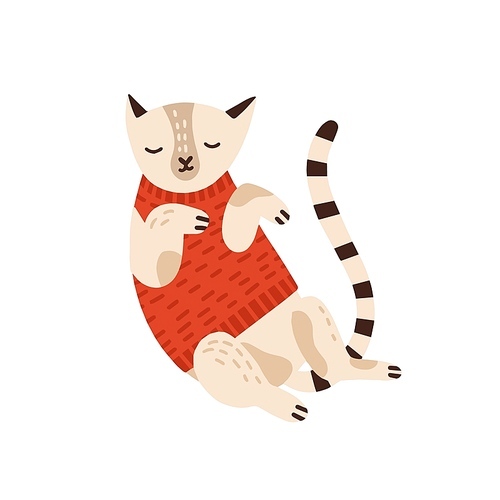 Cute cat in warm sweater flat vector illustration. Sleepy kitty wearing cozy autumn clothes stylized design element isolated on white. Cartoon adorable pet animal sticker, t shirt  drawing