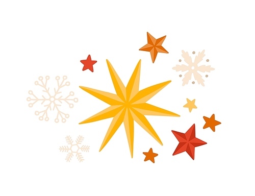 Stars and snowflakes winter season decorations flat vector set. Christmas holidays stickers isolated on white . Icy snow flakes decor. New Year and Xmas festive design elements pack