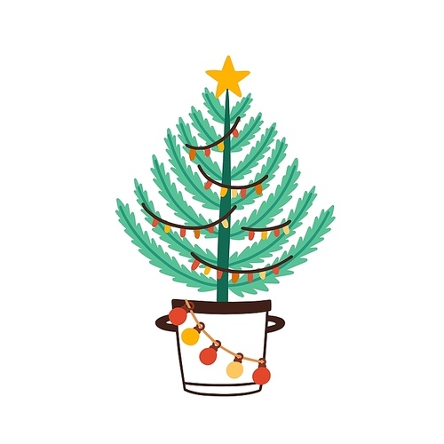 Christmas tree in bucket flat vector illustration. New Year pine decorated with garlands and balls isolated on white . Winter holidays festive fir tree. Baubles hanging on branches