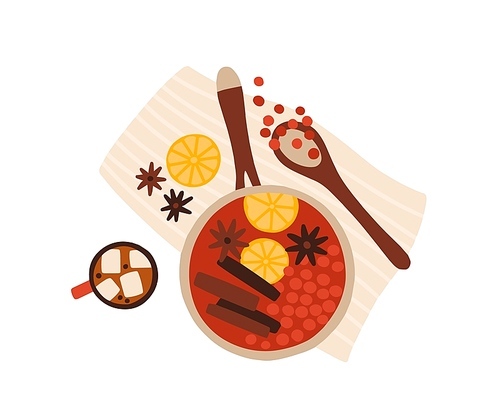 Mulled wine cooking top view vector illustration. Christmas hot drink ingredients creative flat lay. Stewpot with cinnamon sticks, anise spices and wine composition isolated on white