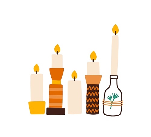 Candles in creative holders flat vector illustration. Home interior decor isolated design element set. Handmade burning Christmas candlestick in bottle on white . Aromatherapy and relaxation