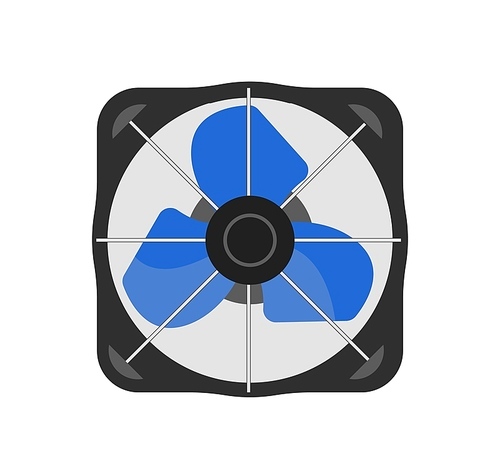 Box air fan realistic vector illustration. Electrical desk ventilator with spinning turbine. Small portable air cooling and heating tool isolated on white . Weather control appliance