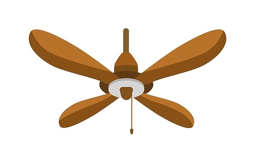 Ceiling fan flat vector illustration. Hanging wooden spinning propeller. Summer hot air cooling tool isolated on white . Weather control appliance. Air conditioning household equipment