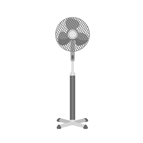 Monochrome plastic pedestal or floor fan isolated on white . Home or office realistic electrical ventilator. Domestic air blowing appliance. Vector illustration in flat style