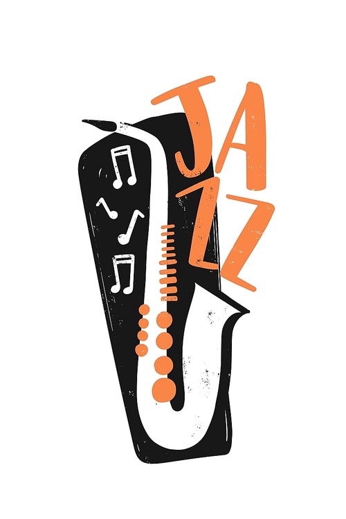 Jazz festival hand drawn illustration with typography. Saxophone, music notes and lettering composition. Wind instrument vector drawing. Saxophonist performance creative logo, design element