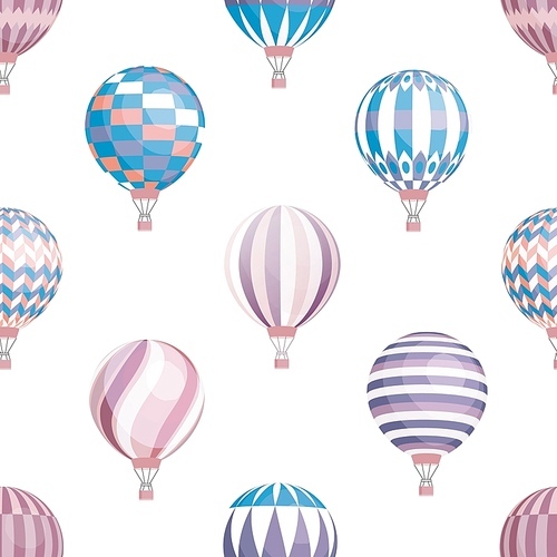 Air balloons vector seamless pattern. Flying aircrafts on white background. Aerial transportation. Hot air ballooning, airships texture. Aerostat transport wrapping paper, wallpaper, textile design