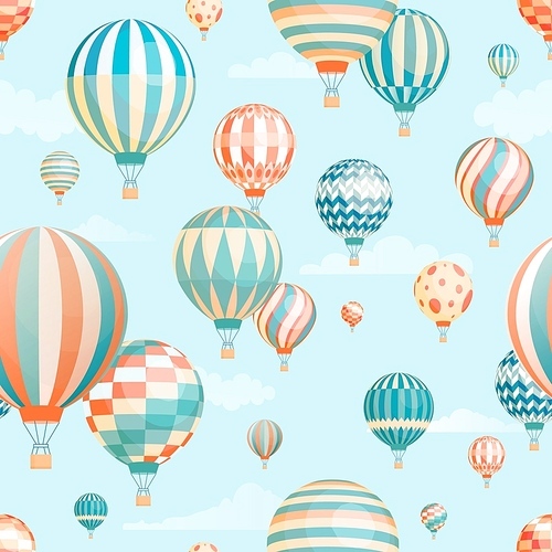 Air balloons in sky vector seamless pattern. Flying aircrafts on blue background. Aerial transportation. Hot air ballooning, aerostat transport in flight wrapping paper, wallpaper textile design