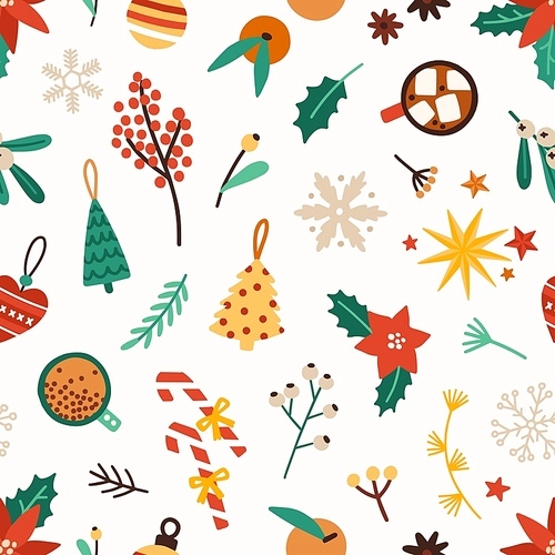 Christmas accessories flat vector seamless pattern. Winter season holiday symbols texture. Traditional xmas attributes decorative backdrop. Christmas tree toys, flora and food illustration