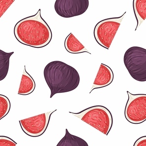 Fig fruits hand drawn vector seamless pattern. Delicious natural dessert texture. Ripe organic food decorative backdrop. Sweet vegetarian snack, tasty sliced exotic delicacy illustration