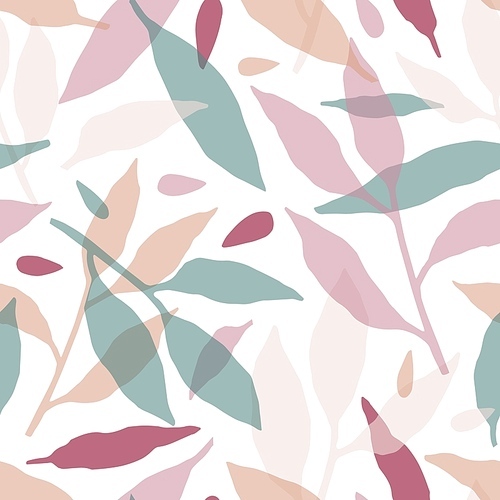 Forest leaves hand drawn vector seamless pattern. Multicolor branches silhouettes decorative texture. Abstract green, pink and brown foliage illustration. Botanical textile, floral wallpaper design