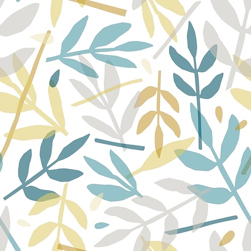 Rowan leaves hand drawn vector seamless pattern. Colorful tree branches silhouettes texture. Abstract forest flora illustration. Chaotic foliage decorative backdrop. Floral textile, wallpaper design