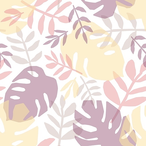 Tropical leaves hand drawn vector seamless pattern. Jungle, rainforest flora flat background. Exotic trees leafage overlapping silhouettes decorative texture. Floral textile, wallpaper design