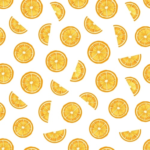 Lemon slices hand drawn vector seamless pattern. Delicious orange pieces texture. Fresh sour citrus fruit decorative backdrop. Organic vegetarian food, natural juice ingredient illustration
