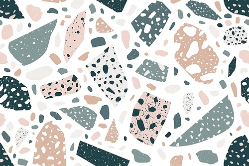 Terrazzo flat vector seamless pattern. Scattered stone pieces decorative texture. Creative rock fragments backdrop. Vintage wallpaper, wrapping paper, textile geometric design. Italian flooring