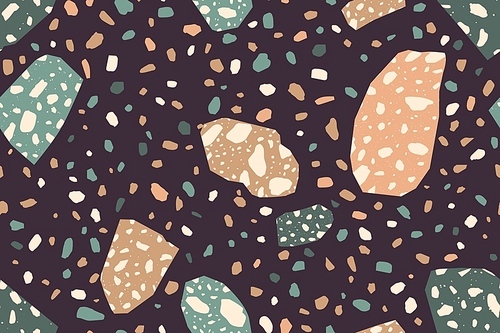 terrazzo trendy vector seamless pattern. granite fragments creative backdrop. chaotic mosaic pieces on  background. stones and rocks color collage texture. modern marble textile, tile design