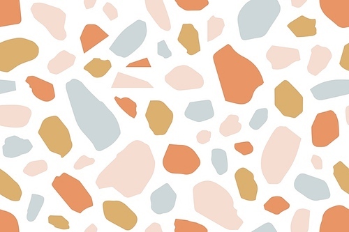 Terrazzo creative vector seamless pattern. Granite fragments abstract backdrop. Chaotic mosaic blue and pink pieces on white background. Stones and rocks color texture. Marble textile, tile design