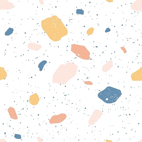 Colorful venetian terrazzo imitation seamless pattern. Realistic marble texture with stone fragments. Modern minimalistic floor tile for interior decoration. Trendy abstract vector illustration