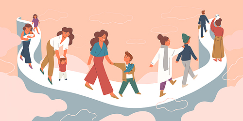 Mother letting go growing child vector illustration. Pregnant woman, mom with infant, toddler, walking with child, teenager. Old mother seeing off adult son. Family bond, eternal parents love concept