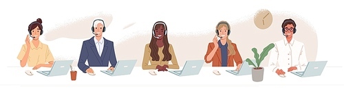 Call center, hotline flat vector illustrations. Smiling office workers with headsets cartoon characters. Customer support department staff, telemarketing agents. Multiethnic, diverse team