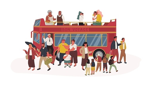 Group of tourists flat vector illustration. Kids, youth and seniors in sightseeing bus isolated cartoon characters on white . People in casual clothes standing near red double-decker autobus
