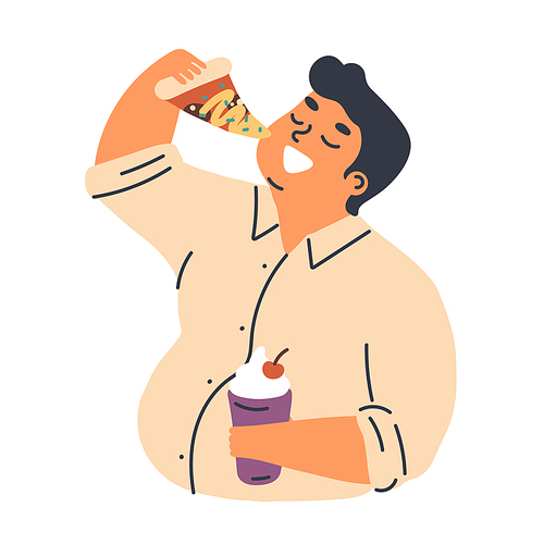 Male obesity problem concept flat vector illustration. Overweight man cartoon character eating pizza slice, takeaway fast food. Unhealthy lifestyle, harmful nutrition and food addiction