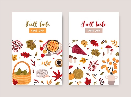 fall sale poster vector template. autumn seasonal clearance discount flyers, advertising  page design layout with cozy hand drawn illustrations. 40 percent price off special offer leaflet