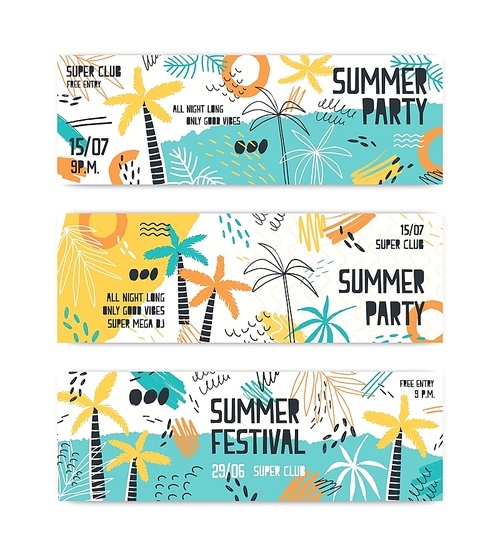 Summer festival banner vector templates set. Tropical beach party invitation layouts pack. Music entertainment, open air discotheque advertising. Palm trees doodle illustrations with typography