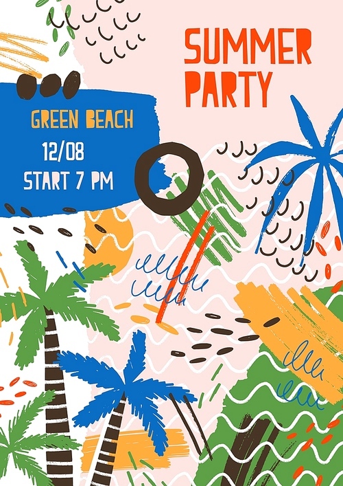 Summer party creative colorful poster template. Festive hand drawn flyer for beach fest decorated with palm trees and scribbles. Vertical advertisement with a place for text. Modern vector invitation