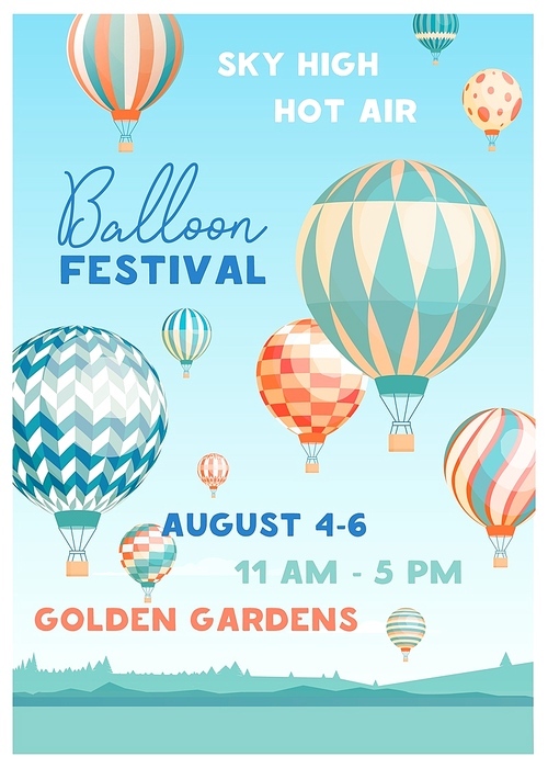 Hot air balloon festival vector poster template. Summer event promotion decorated with flying balloons in sky on picturesque scenery. Seasonal outdoor fest invitation flyer, advertising design