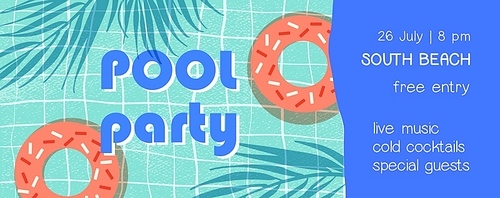 Pool party flat banner vector template. Summer season entertainment event invitation layout. Music festival, open air discotheque advertising leaflet layout. Lifebuoys illustrations with typography