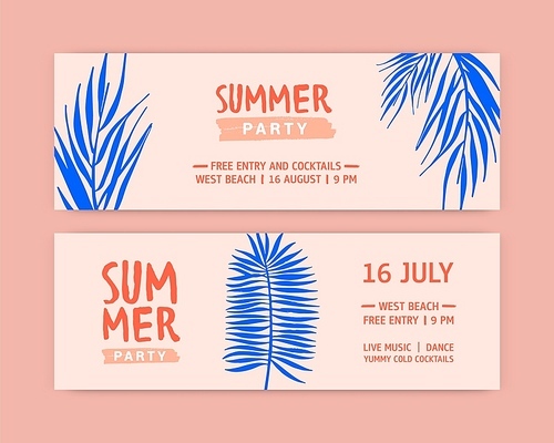 Summer party flat banner vector templates. Seasonal entertainment event invitation layouts. Music festival, tropical recreation advertising. Palm tree branches hand drawn illustrations with typography