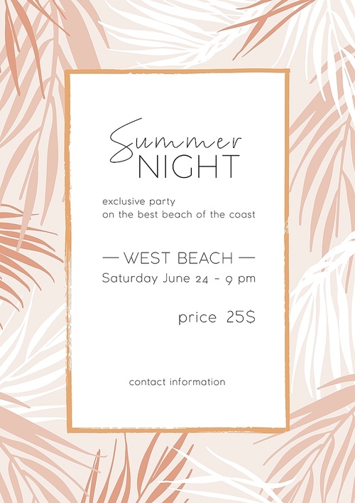 Summer night poster vector template. Tropical beach party invitation card design with place for text. Summertime event, festival promotional placard layout. Palm leaves silhouettes background