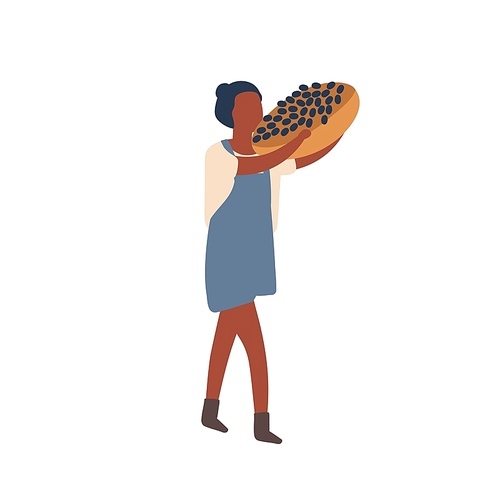 Woman carrying fruit harvest flat vector illustration. Summer and autumn crop gathering. Dark skin female farmer holding basket with grapes cartoon character. Organic berry buying design element