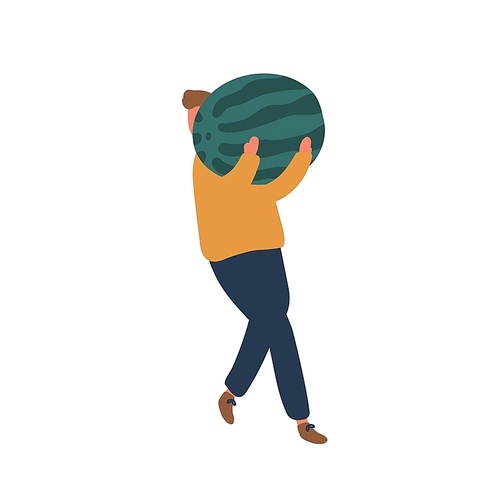 Man carrying watermelon flat vector illustration. Summer and autumn harvest gathering. Male farmer holding big fruit in hands cartoon character. Organic crop selling and buying design element