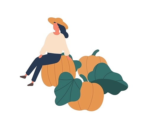 Girl gathering pumpkins flat vector illustration. Woman sitting on gourd isolated design element. Female gardener cartoon character. Fall seasonal vegetable crop, organic farm produce