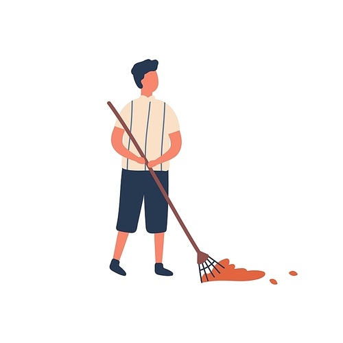 Man cleaning fallen leaves flat vector illustration. Young rancher, farm worker cartoon character. Farmer holding garden rakes isolated on white . Seasonal farming chores, rural lifestyle