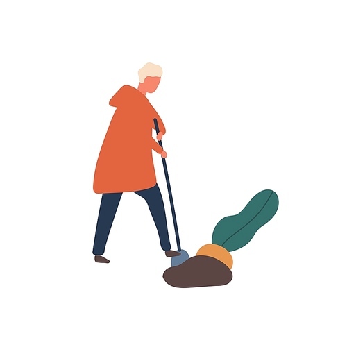 Man digging out big beet flat vector illustration. Young farmer with shovel cartoon character. Harvest season, husbandry, agronomy, rural economy design element. Seasonal farming chores