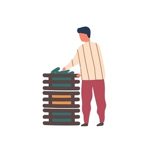 Man stacking vegetables crates flat vector illustration. Young rancher, farm worker cartoon character. Farmer harvesting natural veggies, growing organic food. Rural economy, seasonal farming chore