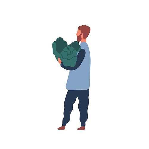 Man holding big cabbage flat vector illustration. Farm worker, vegetarian guy cartoon character. Farmer with natural food, organic vegetable. Seasonal harvest, healthy nutrition design element