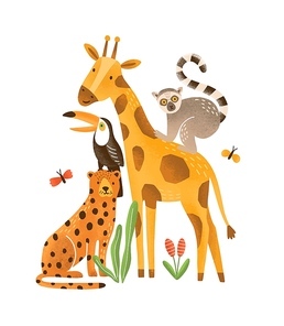 Tropical animals flat vector illustration. Exotic fauna, wildlife. Cartoon giraffe, monkey, lemur, toucan and leopard. Tropical forest and savanna inhabitants isolated on white 