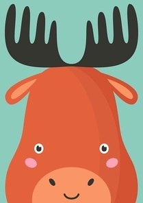 Cute moose snout flat vector illustration. Adorable wildlife forest elk muzzle cartoon colorful background. Close up wild animal head, face decorative backdrop. Childish zoo card design idea with deer