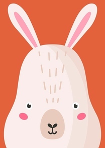 Adorable hare snout flat vector illustration. Cute wildlife forest bunny muzzle cartoon colorful background. Close up wild rabbit head, face decorative backdrop. Childish zoo card design idea