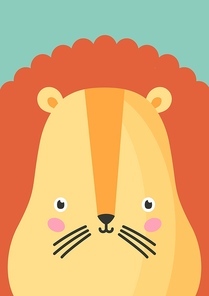 Cute lion snout flat vector illustration. Adorable wildlife animal muzzle cartoon colorful background. Close up lion orange head, face decorative backdrop. Childish zoo card design idea