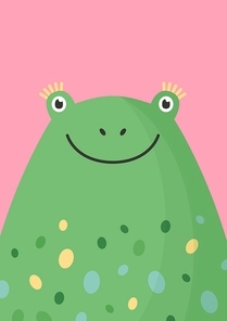 Cute frog head flat vector illustration. Adorable wildlife amphibian face decorative background in cartoon style. Green bullfrog animal childish backdrop. Kids zoo card colorful design idea