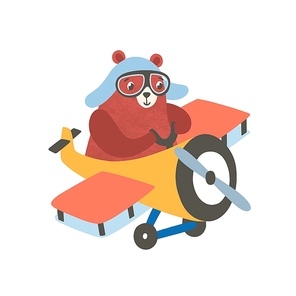 Little bear on airplane flat vector illustration. Happy small grizzly flying on aircraft. Aviating cartoon mammal, smiling beast cub. Cute little bear pilot isolated on white 