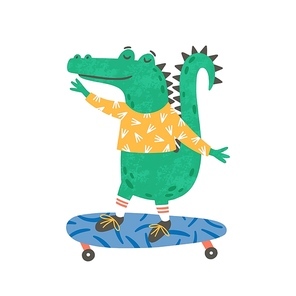 Skating little crocodile flat vector illustration. Smiling alligator, small cartoon crocodylus riding skateboard. Cute predator, wild animal, reptile doing sport isolated on white 