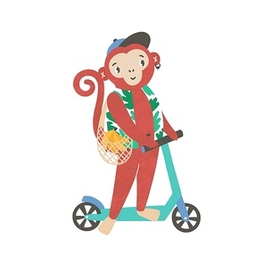 Little monkey on kick scooter flat vector illustration. Happy small simian riding scooter. Cartoon cub in stylish clothes. Cute funny mammal doing sport isolated on white 