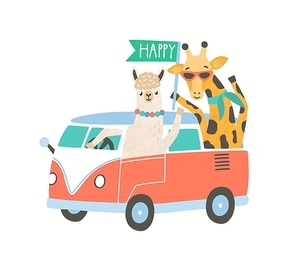 Llama and giraffe in minivan flat vector illustration. Cute friends on road trip cartoon characters. Adorable animals with transport isolated on white. Holiday journey, tourism concept